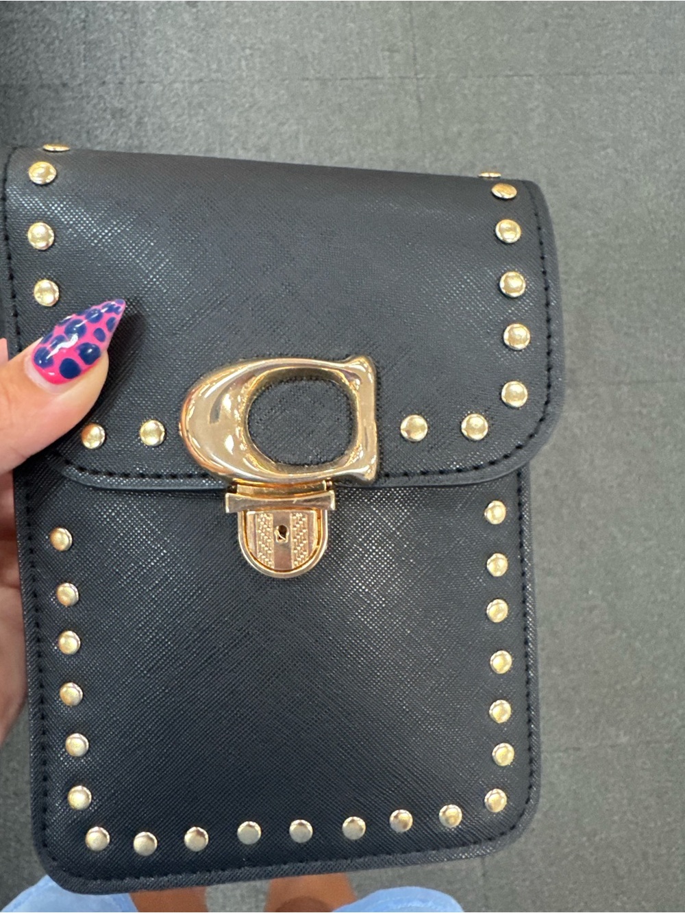 Black Studded Crossbody Phone Bag with Gold Hardware
